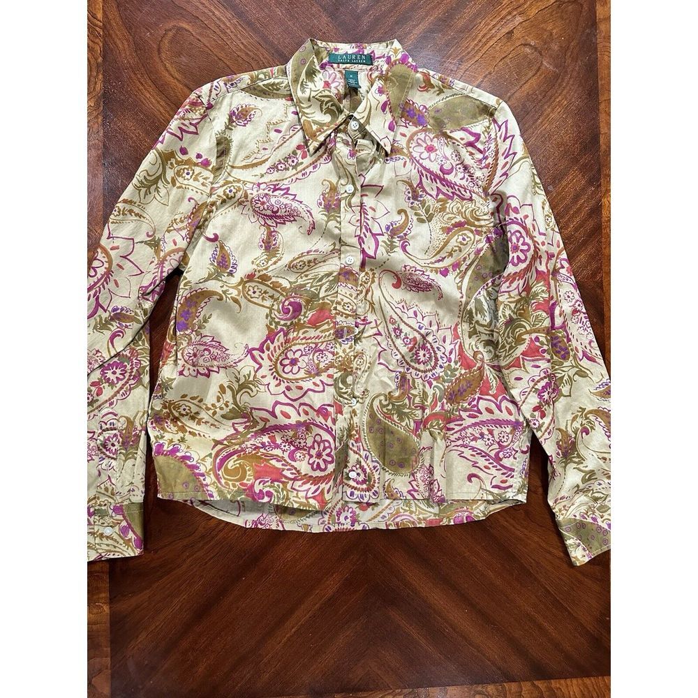Lauren Ralph Lauren Top Women M Tan Paisley‎ Button Down Long Sleeve 100% Cotton